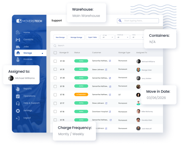 manage storage in movers tech crm
